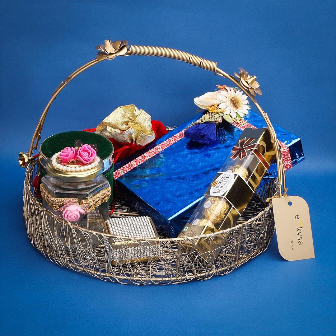 Decorative Gold Metal Hamper Basket For Gifting Round with Handle - Bakeyy.com - India - Decorative Gold Metal Hamper Basket For Gifting Round with Handle - Medium - 8 Inch