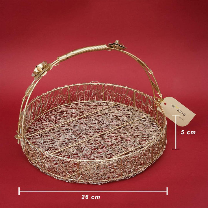 Decorative Gold Metal Hamper Basket For Gifting Round with Handle - Bakeyy.com