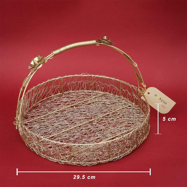 Decorative Gold Metal Hamper Basket For Gifting Round with Handle - Bakeyy.com