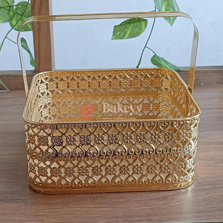 Decorative Gold Metal Hamper Basket For Gifting Square - Bakeyy.com