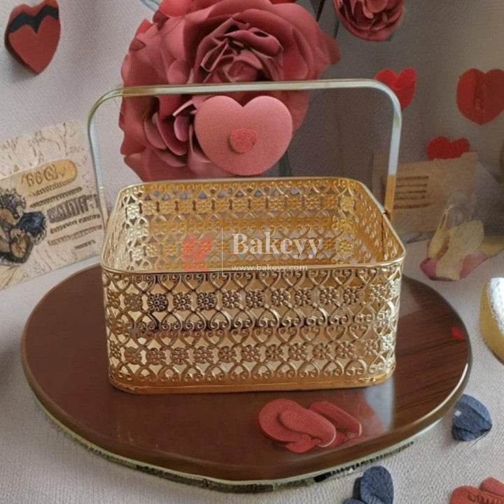 Decorative Gold Metal Hamper Basket For Gifting Square - Bakeyy.com