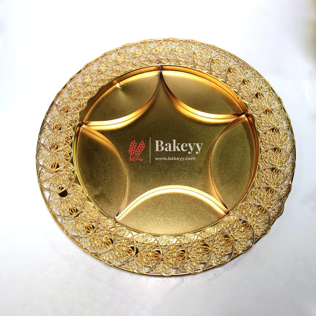 16 inch |Luxurious Gold-Plated Round Serving Tray with 6-Part Sections | Gold-Plated Round Metal Dry Fruit Tray