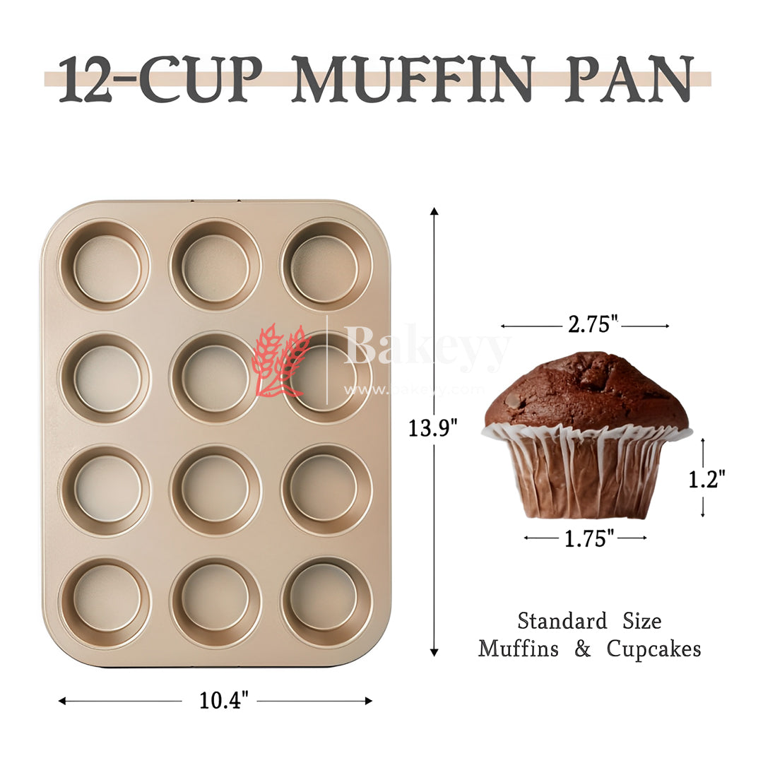 12 Slot Tray Cup Muffin Pan Tins Mould | Baking Cupcake | Non-Stick Mould | Reusable Tray Pan Mould | Non-Stick| Chrome Gold, Black Colour