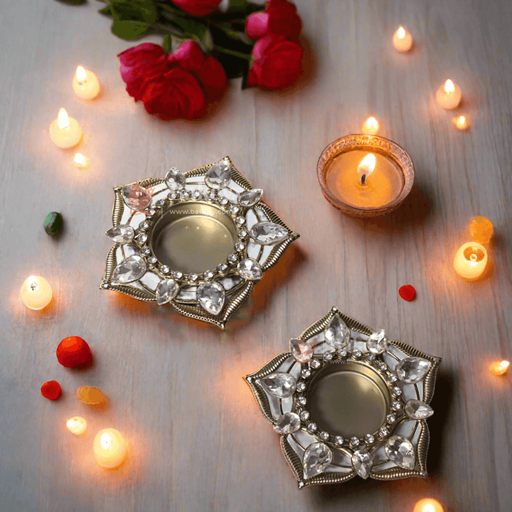 Diwali Diya | Spiral Diamond Design | Metal Diya With Diamonds | Diwali Lamp - Bakeyy.com