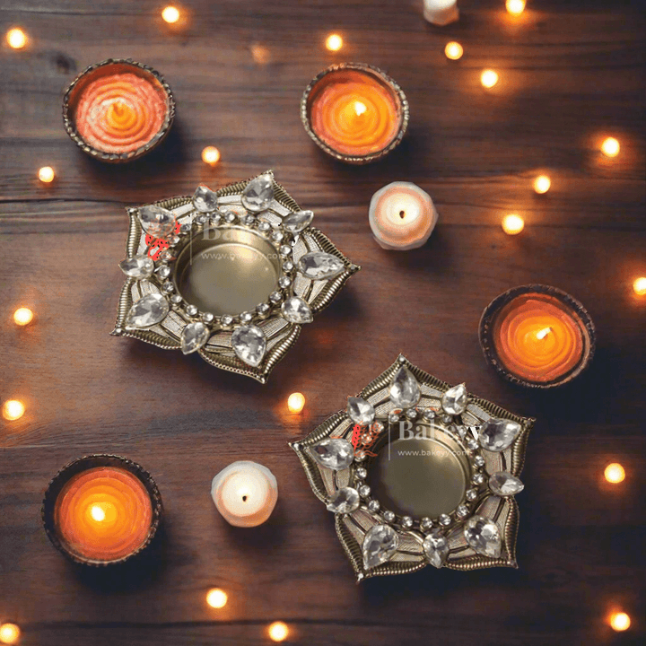 Diwali Diya | Spiral Diamond Design | Metal Diya With Diamonds | Diwali Lamp - Bakeyy.com