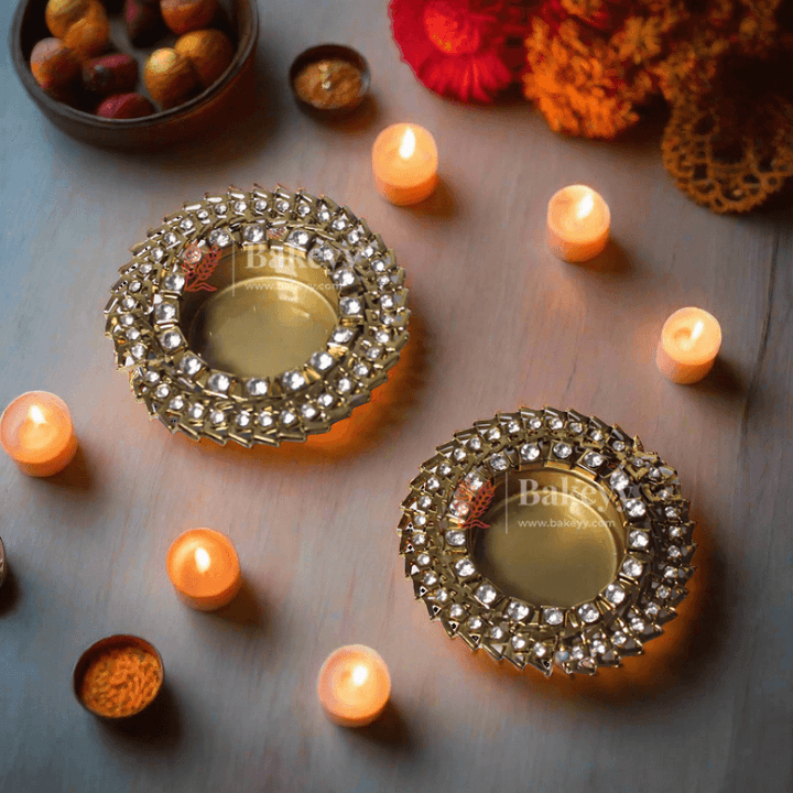 Diwali Diya | Round Spiral With Diamonds Metal Diya With Diamonds | Diwali Lamp - Bakeyy.com