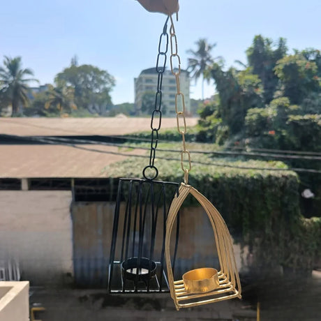 Bakeyy.com modern metal diya stands hanging outdoors, perfect for festive decor or gifting