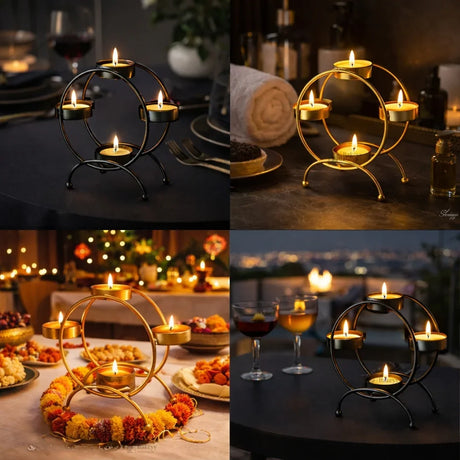 Decorative metal diya stand with five tealight candles, ideal for festive table decor from Bakeyy.com
