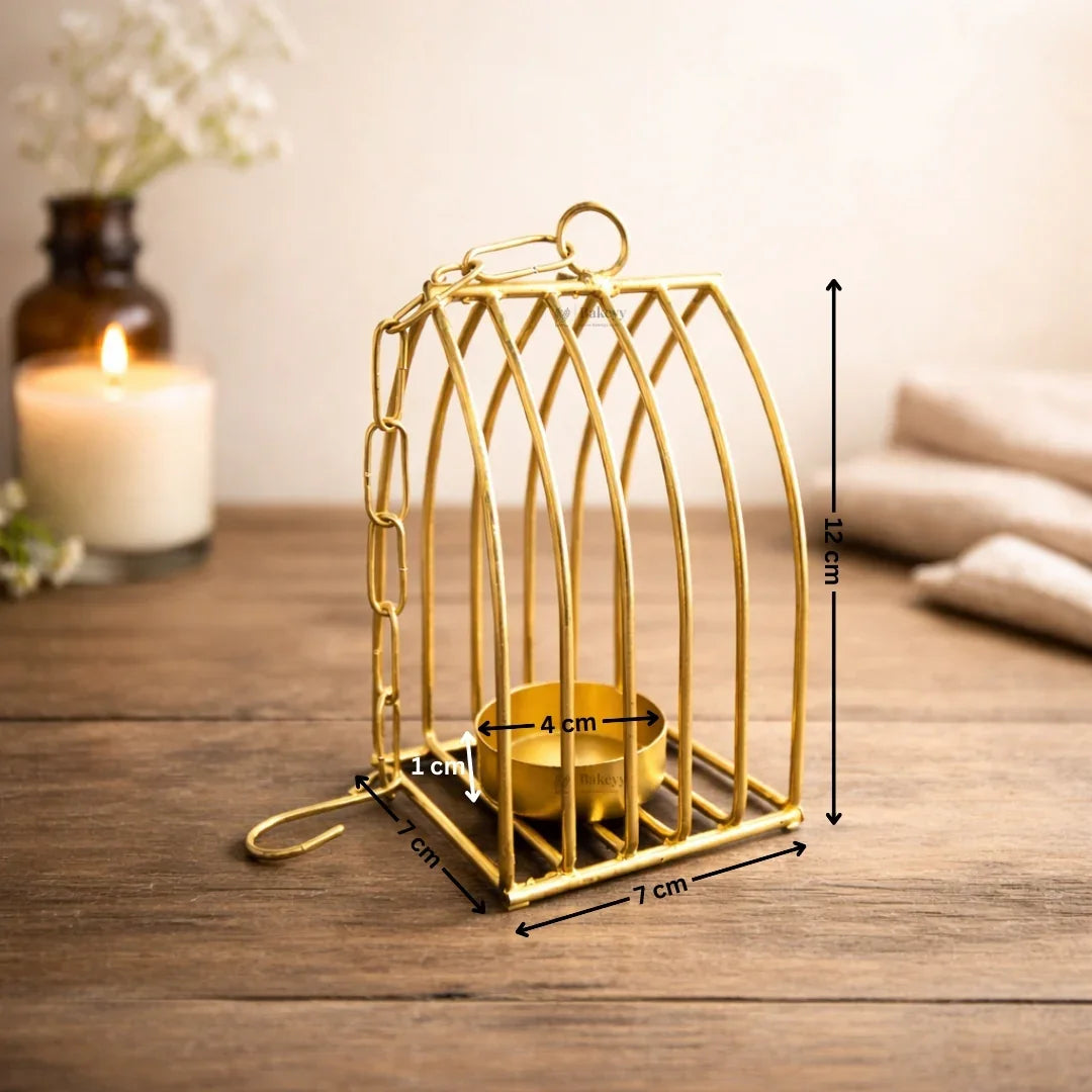 Bakeyy gold metal diya stand with measurements, decorative candle holder on wooden table