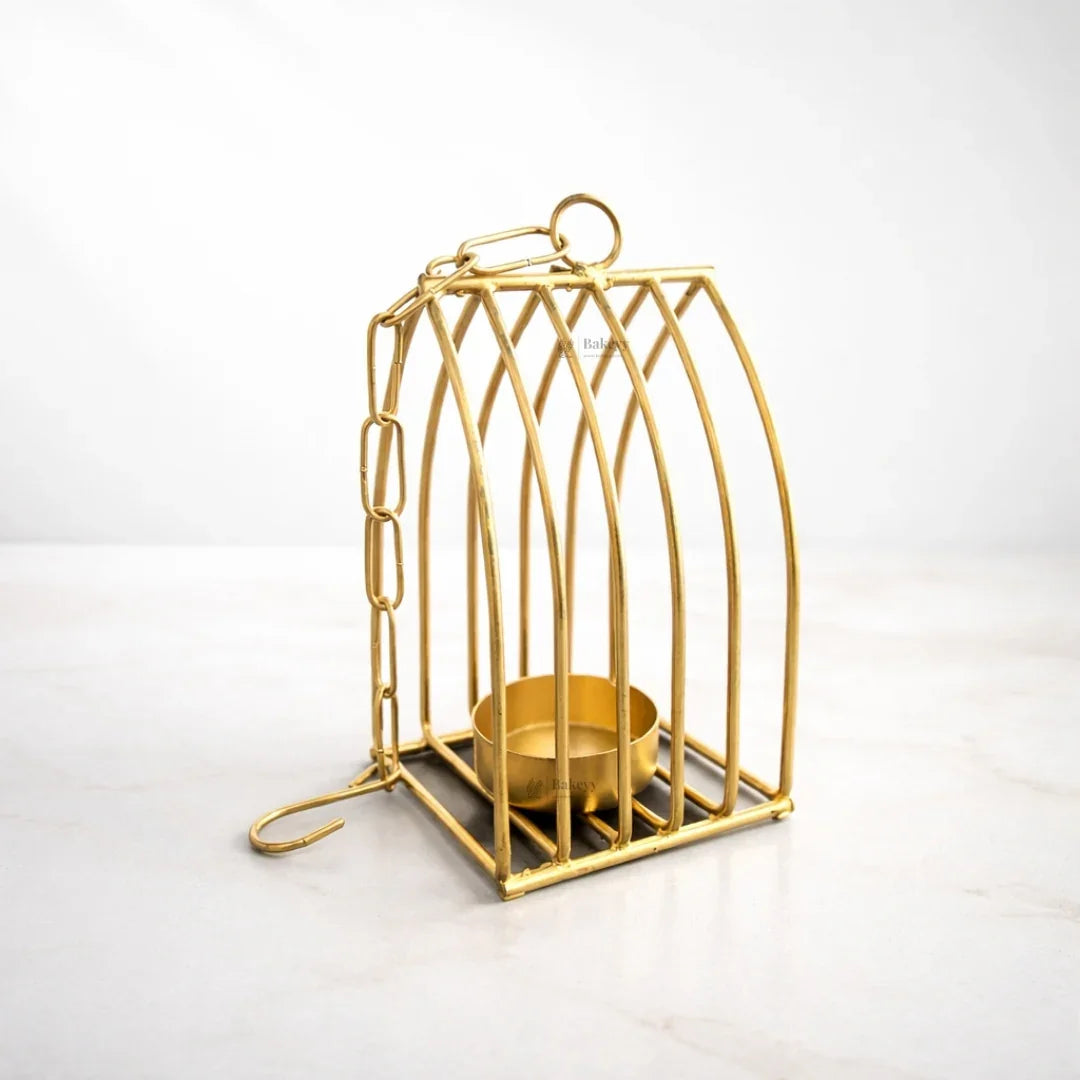 Gold metal diya stand with geometric design, decorative home decor from Bakeyy.com