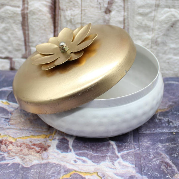 Dry Fruit Jar for Gifting | Designed Jar | White tin with Copper lid - Bakeyy.com