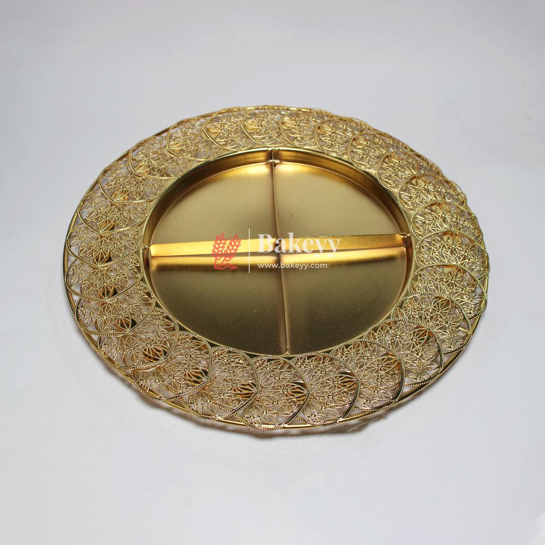 12 inch | Elegant Gold-Plated Round Serving Tray with Partition | Gold-Plated Round Metal Dry Fruit Tray