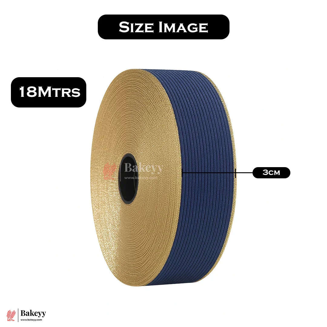 343 | Elastic Royal Blue Ribbon with Gold Borders – 3cm Width | 18 Meters Roll