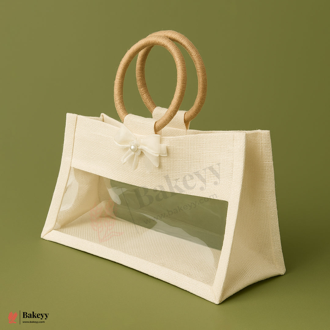 11x4x6 inch Premium Jute Gift Bag with Window & Round Handle – Elegant Bow Design – Pack Of 1