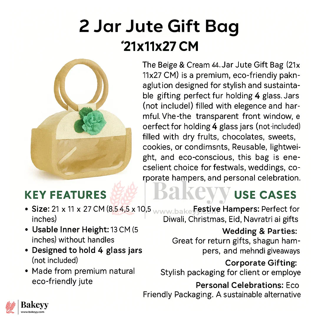 21x11x27 CM | Beige & Cream 2 Jar Jute Gift Bag with Floral Accent & Transparent Window – Eco-Friendly Hamper Bag