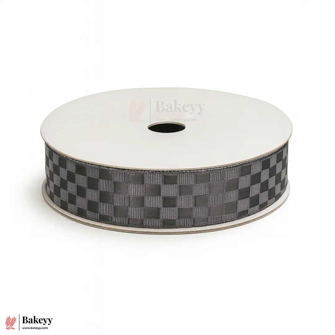 2cm |18 Mtr Premium Elegant Gray Checkered Satin Ribbon Roll – Elegant Finish for Gift Wrapping & Crafts| 1 Roll