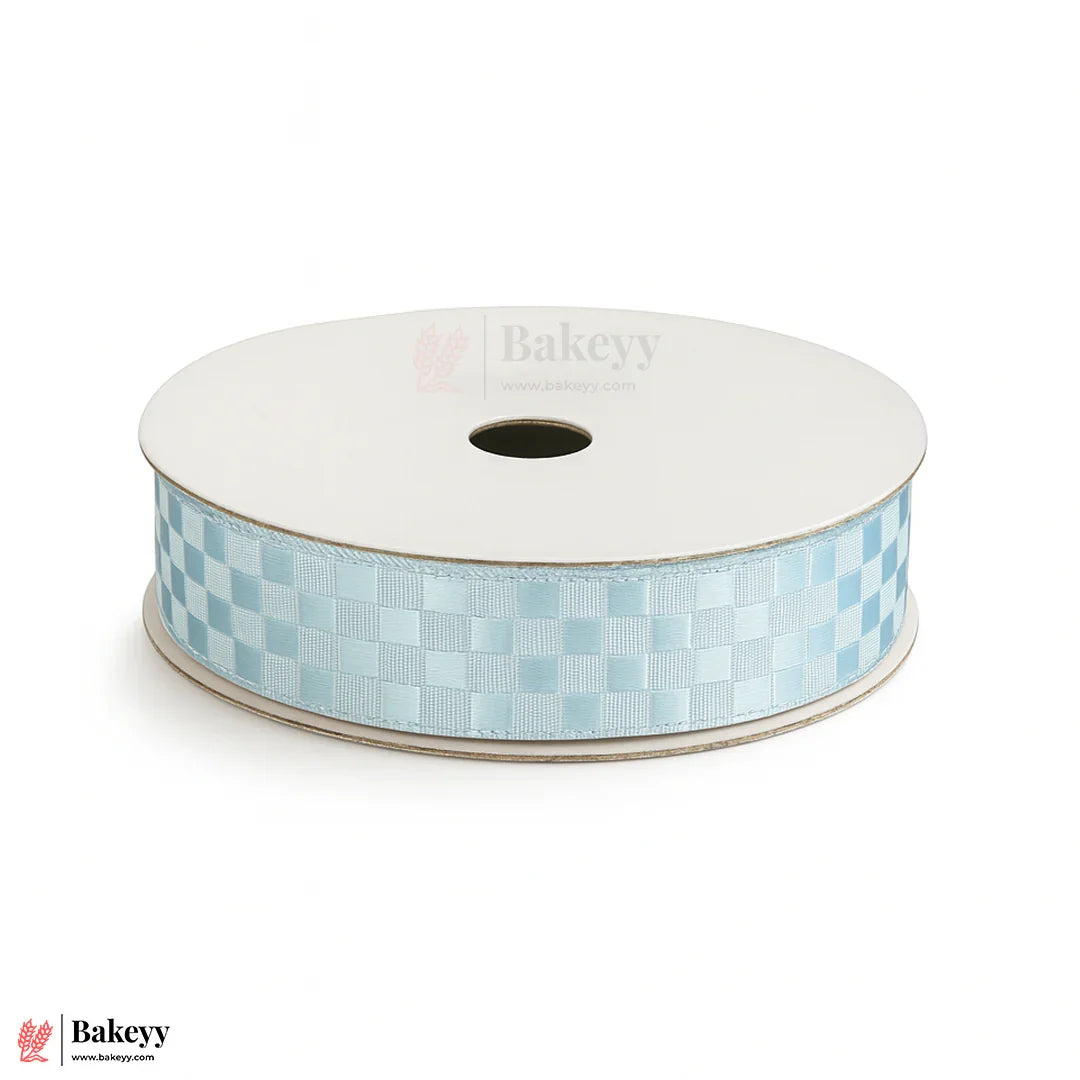 2cm |18 Mtr Premium Elegant Aqua Blue Checkered Satin Ribbon Roll – Elegant Finish for Gift Wrapping & Crafts| 1 Roll