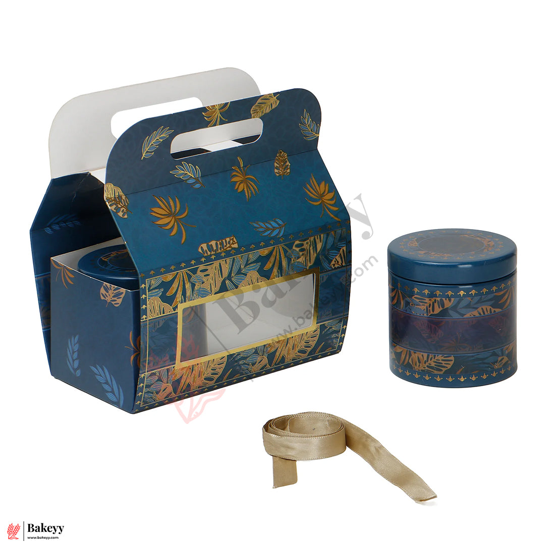 7x3.75x7 inches Elegant Blue & Gold Gift Box with 2 Premium Storage Tins | Pack Of 10