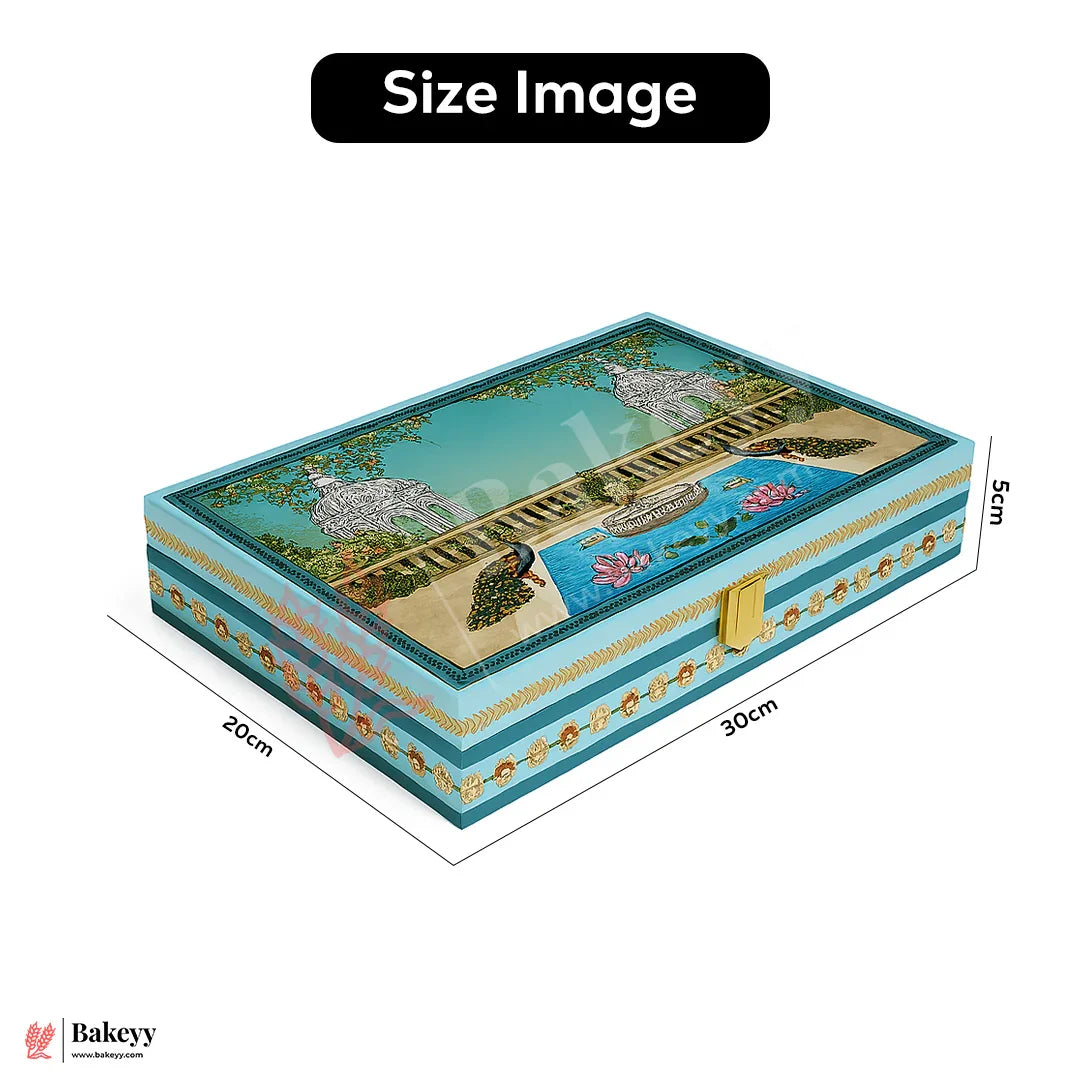 30x20x5cm| Premium Peacock Themed MDF Hamper Box with Gold Compartments – 4 Section Gift Box for Rakhi & Dry Fruits |