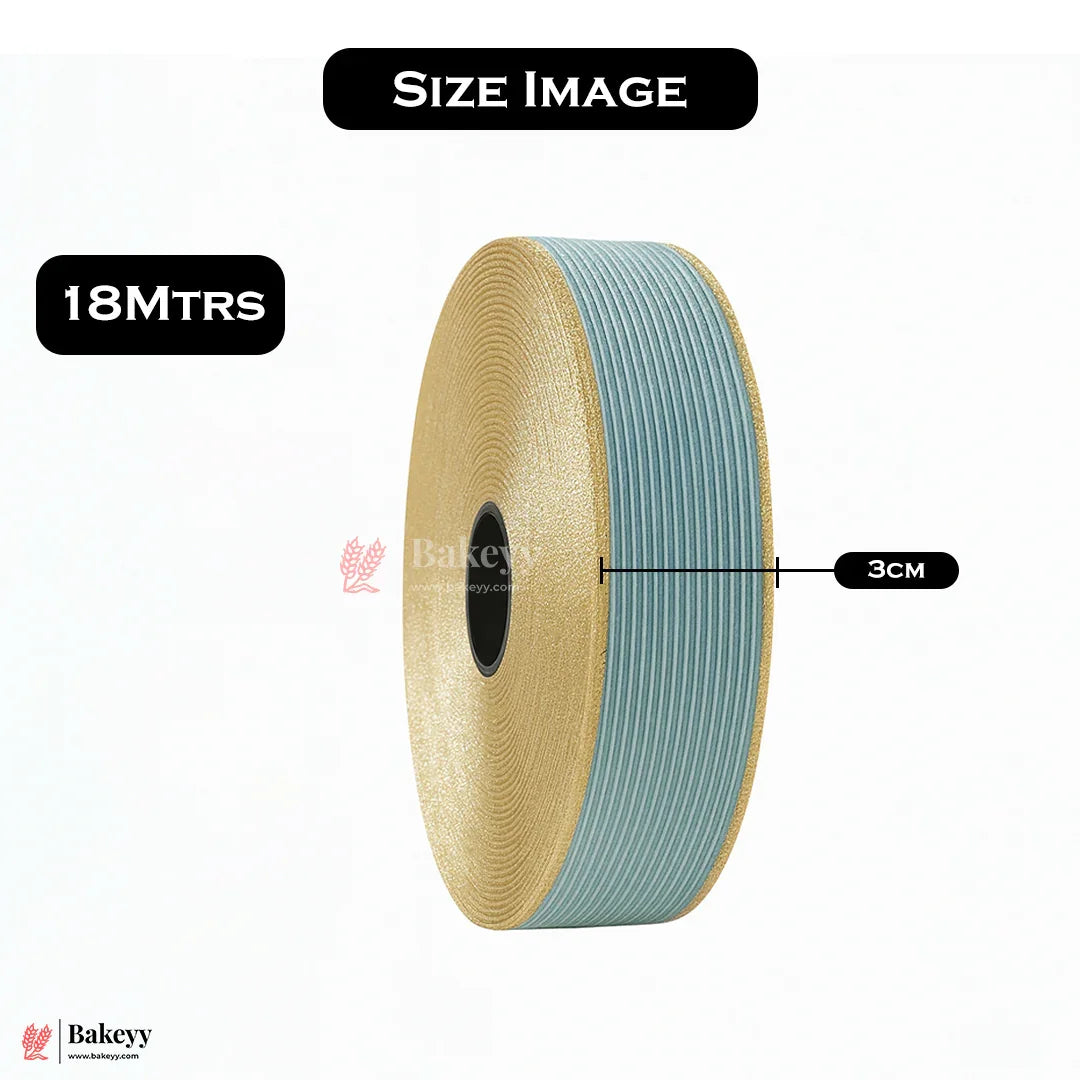 343 | Elastic Sky Blue Ribbon with Gold Borders – 3cm Width | 18 Meters Roll