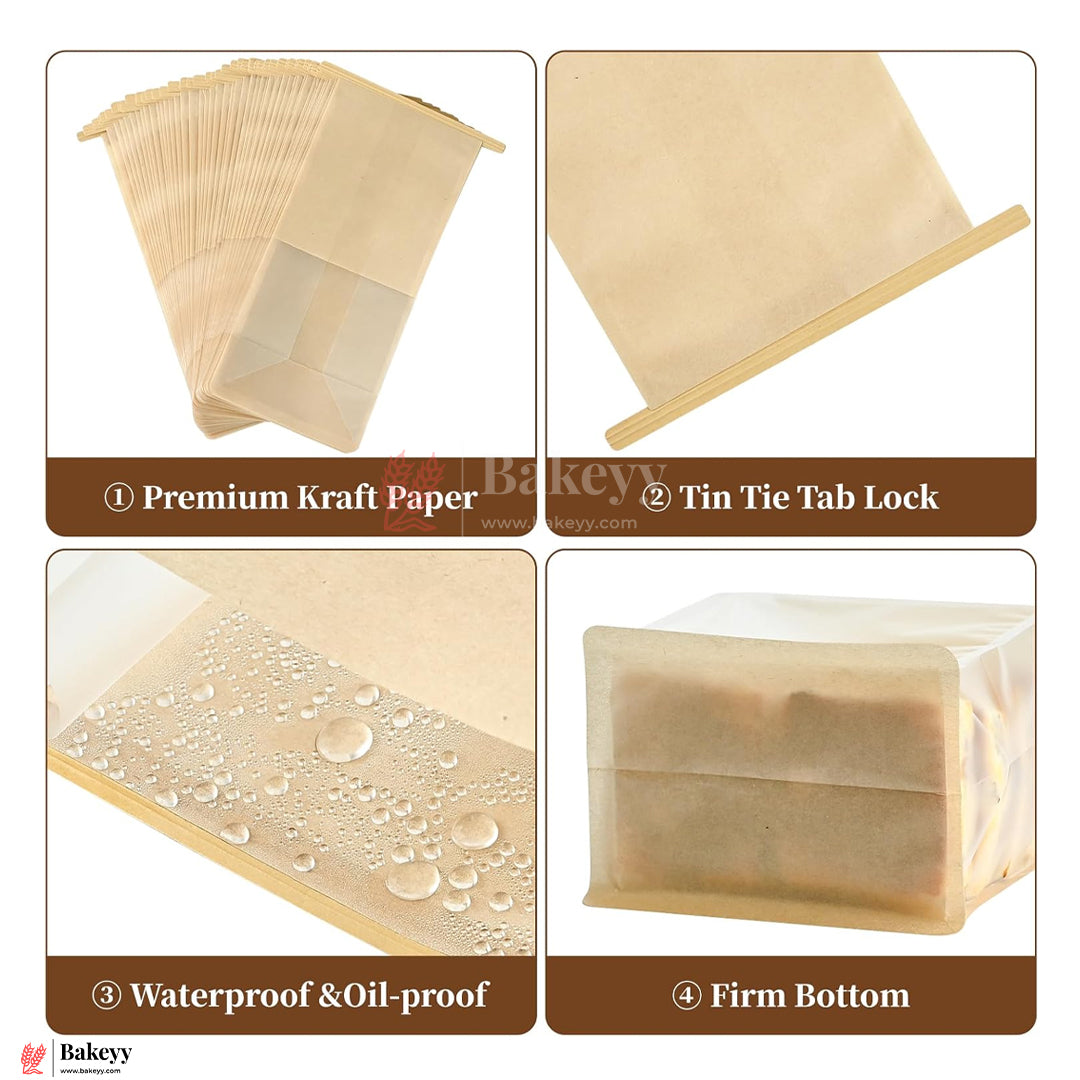 16x26x13cm Kraft Bread Bags with Transparent Window – Food-Grade & Stylish | Kraft Paper Pouches for Fresh Bakes | Baked Foods Packaging Storage | Pack Of 50