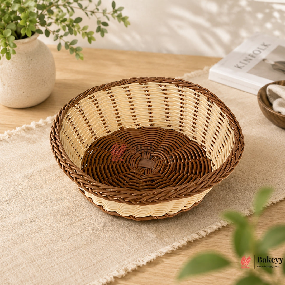 Woven basket on a wooden table with plants and books in the background