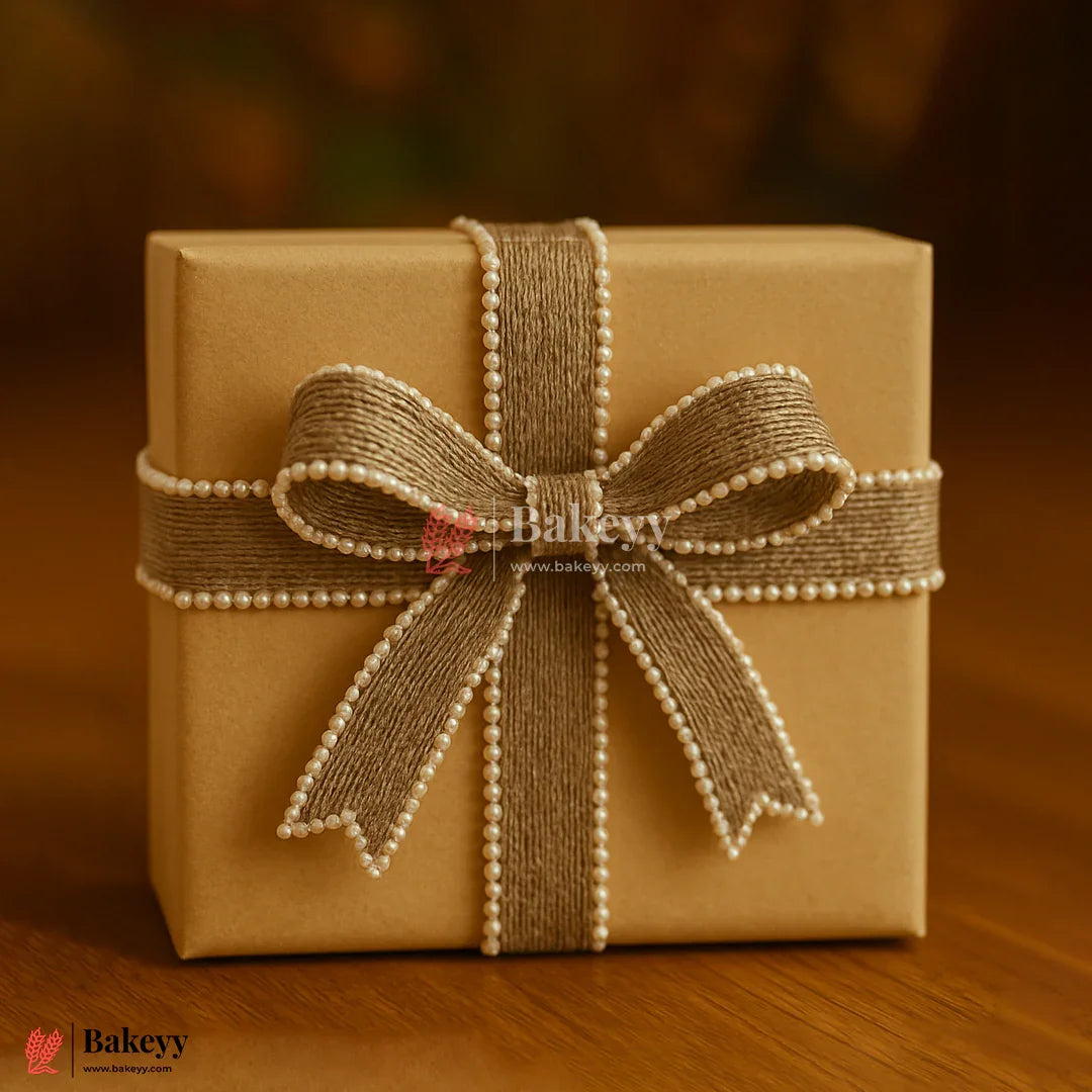 9mtr Special Beige Jute Ribbon with Pearl Beads | Decorative Trim for Gift Wrapping, Crafts