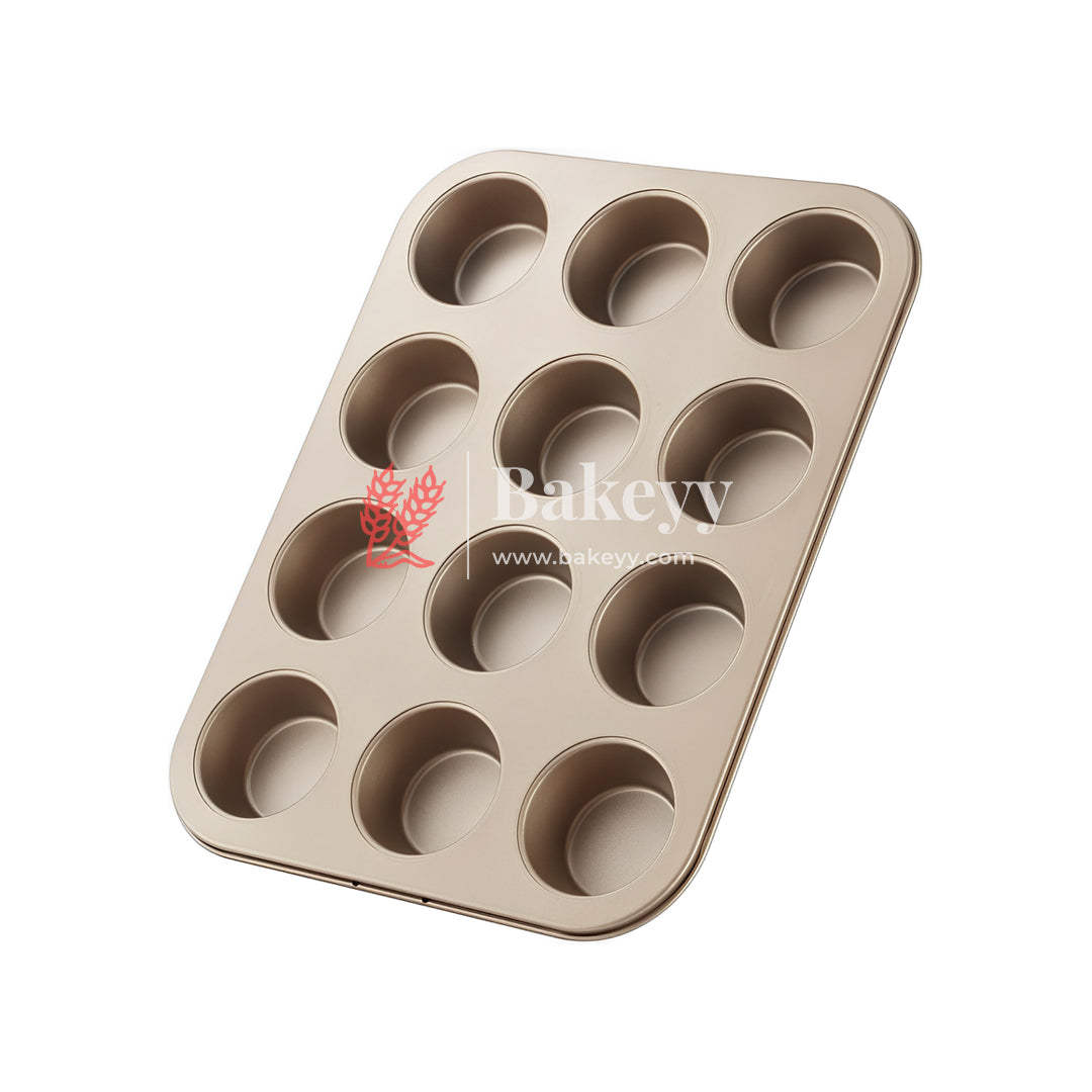 12 Slot Tray Cup Muffin Pan Tins Mould | Baking Cupcake | Non-Stick Mould | Reusable Tray Pan Mould | Non-Stick| Chrome Gold, Black Colour