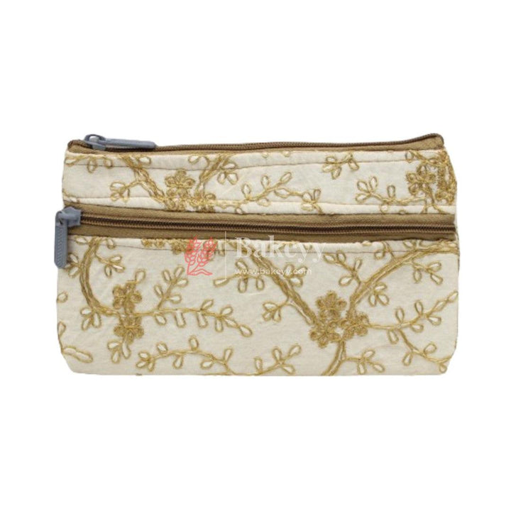 Fancy Double Zip Purse Return Gifts For Ladies | Gold With Cream White Color - Bakeyy.com