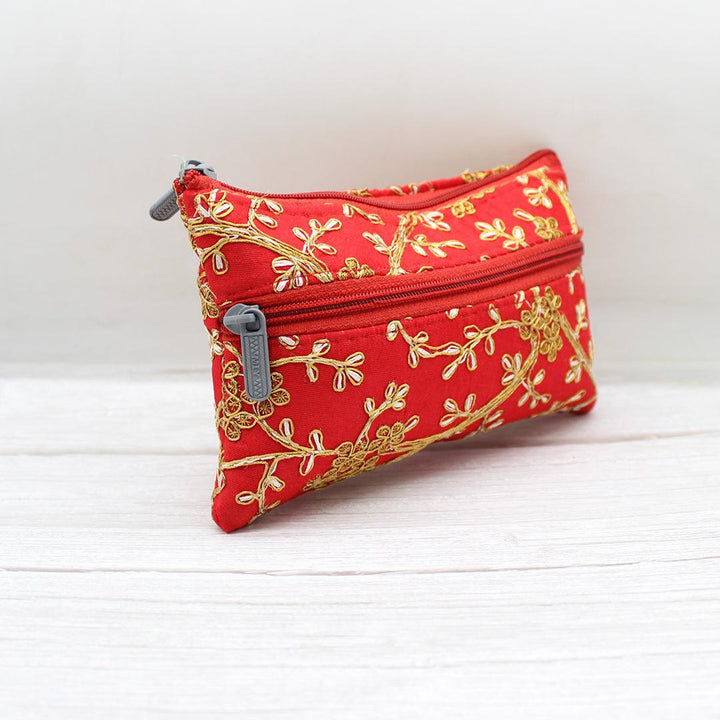 Fancy Double Zip Purse Return Gifts For Ladies | Gold With Red Colour - Bakeyy.com