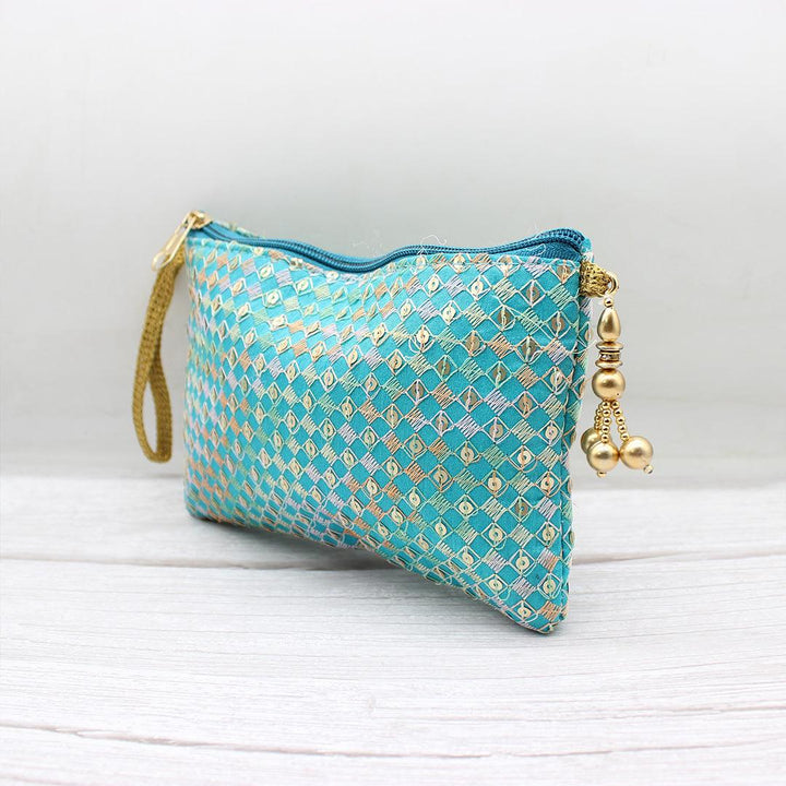 Fancy Single Zip Purse Return Gifts For Ladies | Gold with Turquoise Color - Bakeyy.com
