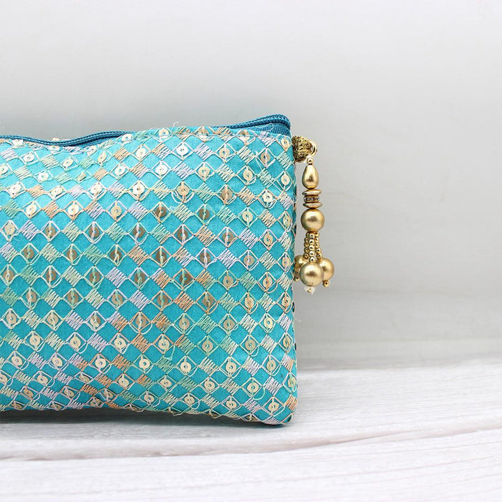 Fancy Single Zip Purse Return Gifts For Ladies | Gold with Turquoise Color - Bakeyy.com
