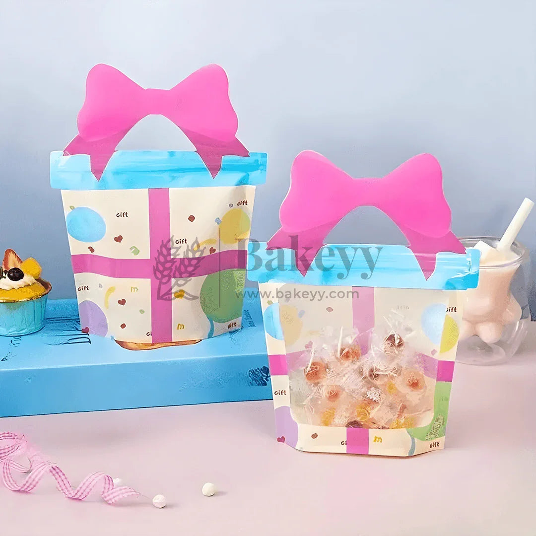 Gift Box Shape Treat Storage Bags with Bow | Fancy Zip Lock Pouches | Pack of 50 - Bakeyy.com - India - Gift Box Shape Treat Storage Bags with Bow | Fancy Zip Lock Pouches | Pack of 50 - Default Title