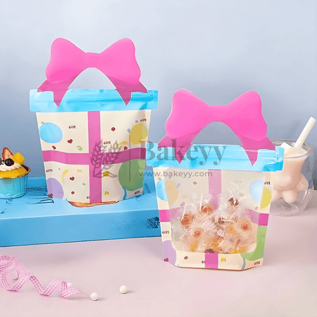 Gift Box Shape Treat Storage Bags with Bow | Fancy Zip Lock Pouches | Pack of 50 - Bakeyy.com - India - Gift Box Shape Treat Storage Bags with Bow | Fancy Zip Lock Pouches | Pack of 50 - Default Title