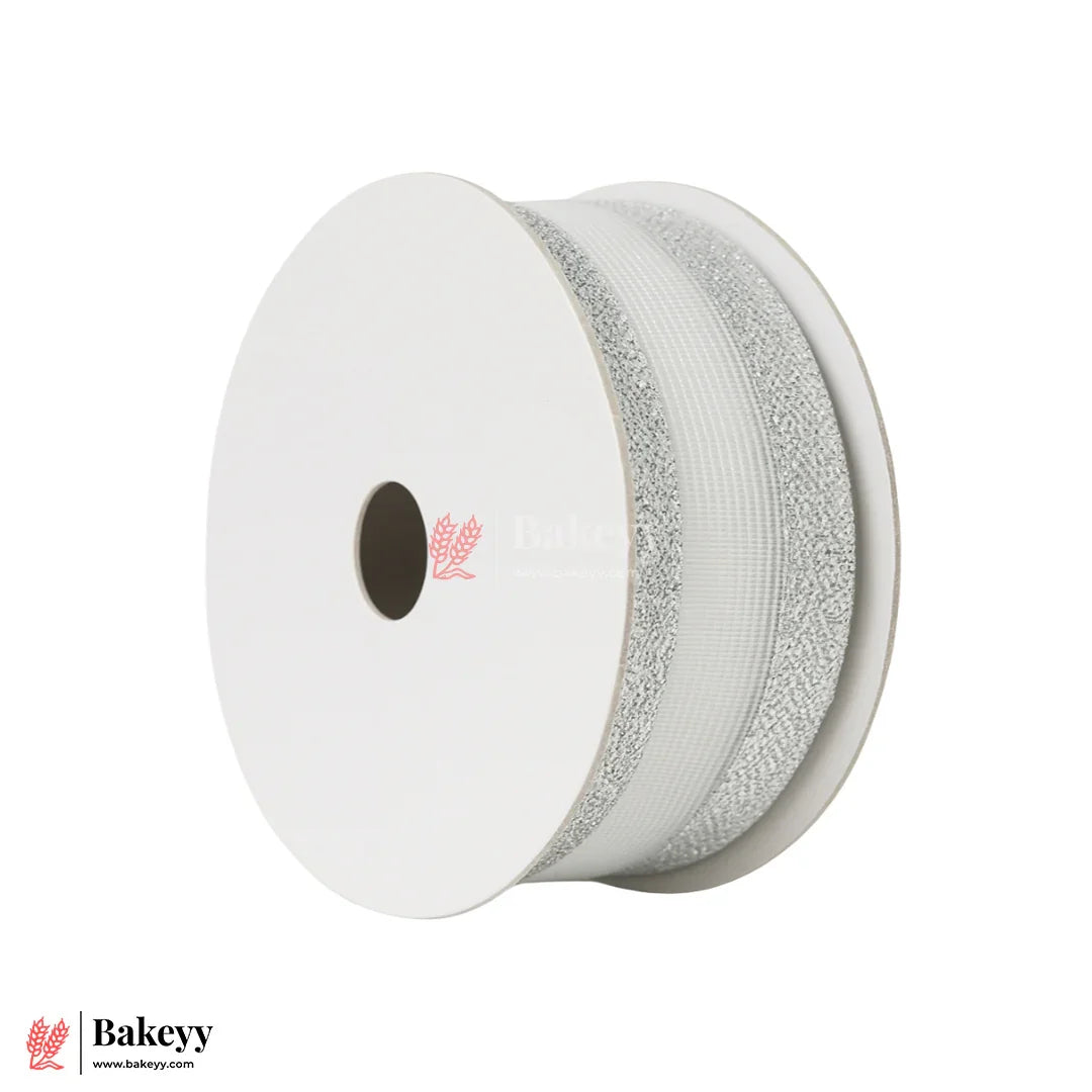 1849|18 mtr Silver Glitter Edge White Net Ribbon Roll – 3cm Decorative Craft & Gift Wrapping Ribbon