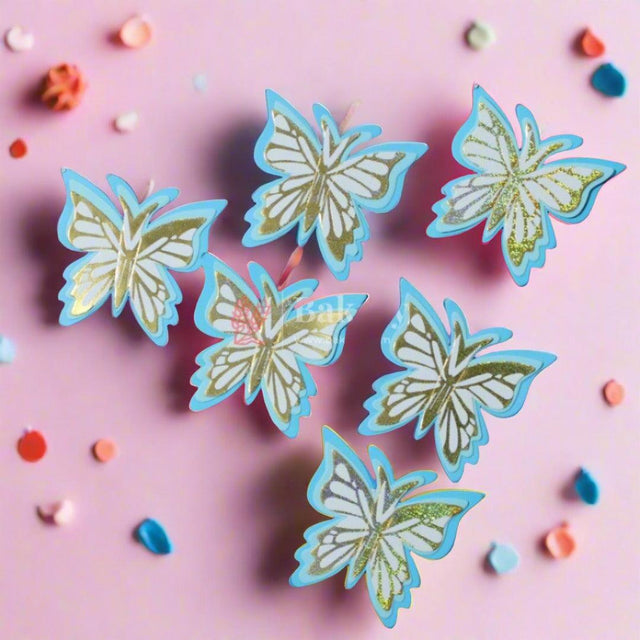 6 Pcs Enchanting Accents: Shiny Butterfly Cake Toppers | 3D Butterfly Decorations - Bakeyy.com - India - 6 Pcs Enchanting Accents: Shiny Butterfly Cake Toppers | 3D Butterfly Decorations - Design 1 - Blue