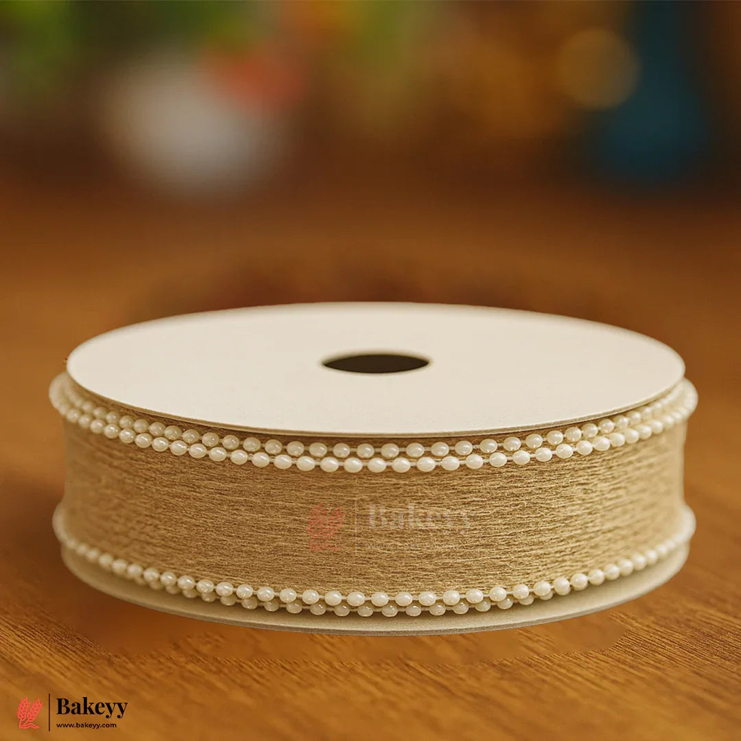 9mtr Special Beige Jute Ribbon with Pearl Beads | Decorative Trim for Gift Wrapping, Crafts