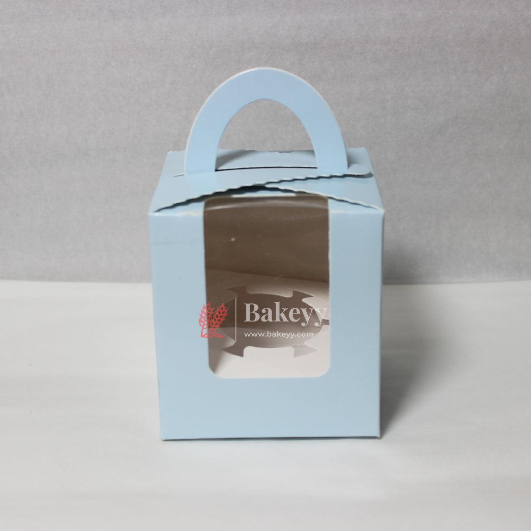 1 -Cupcak Box with Handle | Sky Blue Colour | With Front Window | - Bakeyy.com - India - 1 -Cupcak Box with Handle | Sky Blue Colour | With Front Window | - Pack of 10