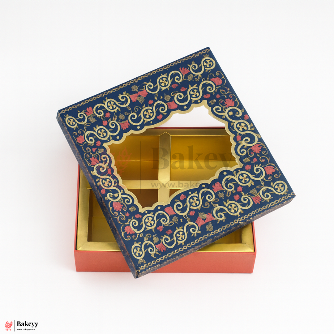 8x8x1.5 Inch | Rigid Dry Fruit Box | Elegant 4-Compartment Festive Hamper Box with Window Lid | Elegant Floral Design | Pack Of 1