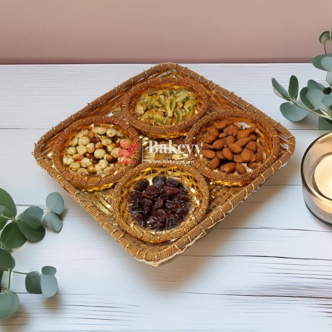 Luxury Gold-Plated Square Dry Fruit Tray with 4 Serving Bowls