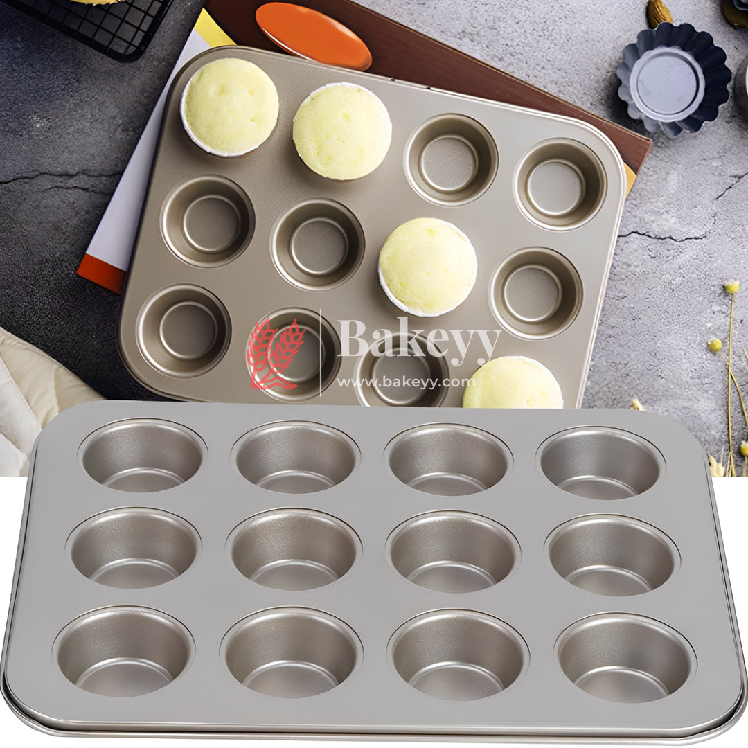 12 Slot Tray Cup Muffin Pan Tins Mould | Baking Cupcake | Non-Stick Mould | Reusable Tray Pan Mould | Non-Stick| Chrome Gold, Black Colour