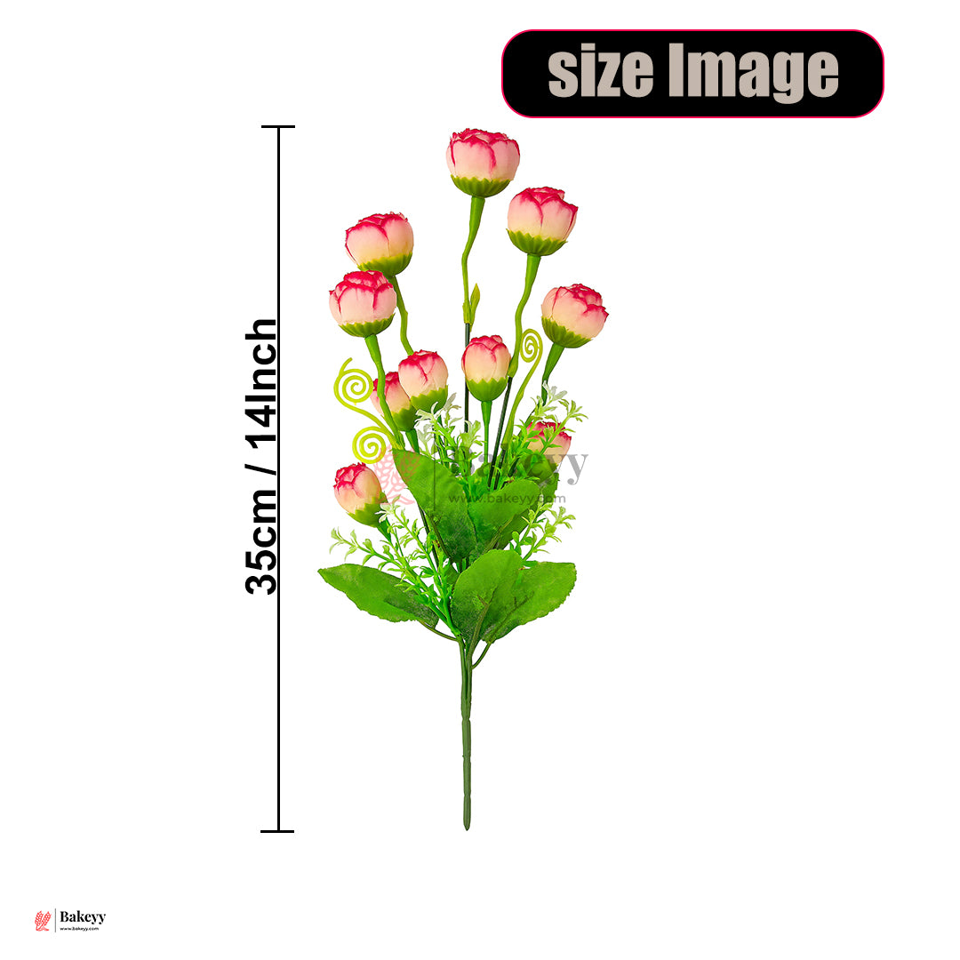 Artificial Pink White  Bouquet – 35cm | Artificial Rose Bud Bunch – 10 Heads | Pink & White Floral Stick for Home Decor