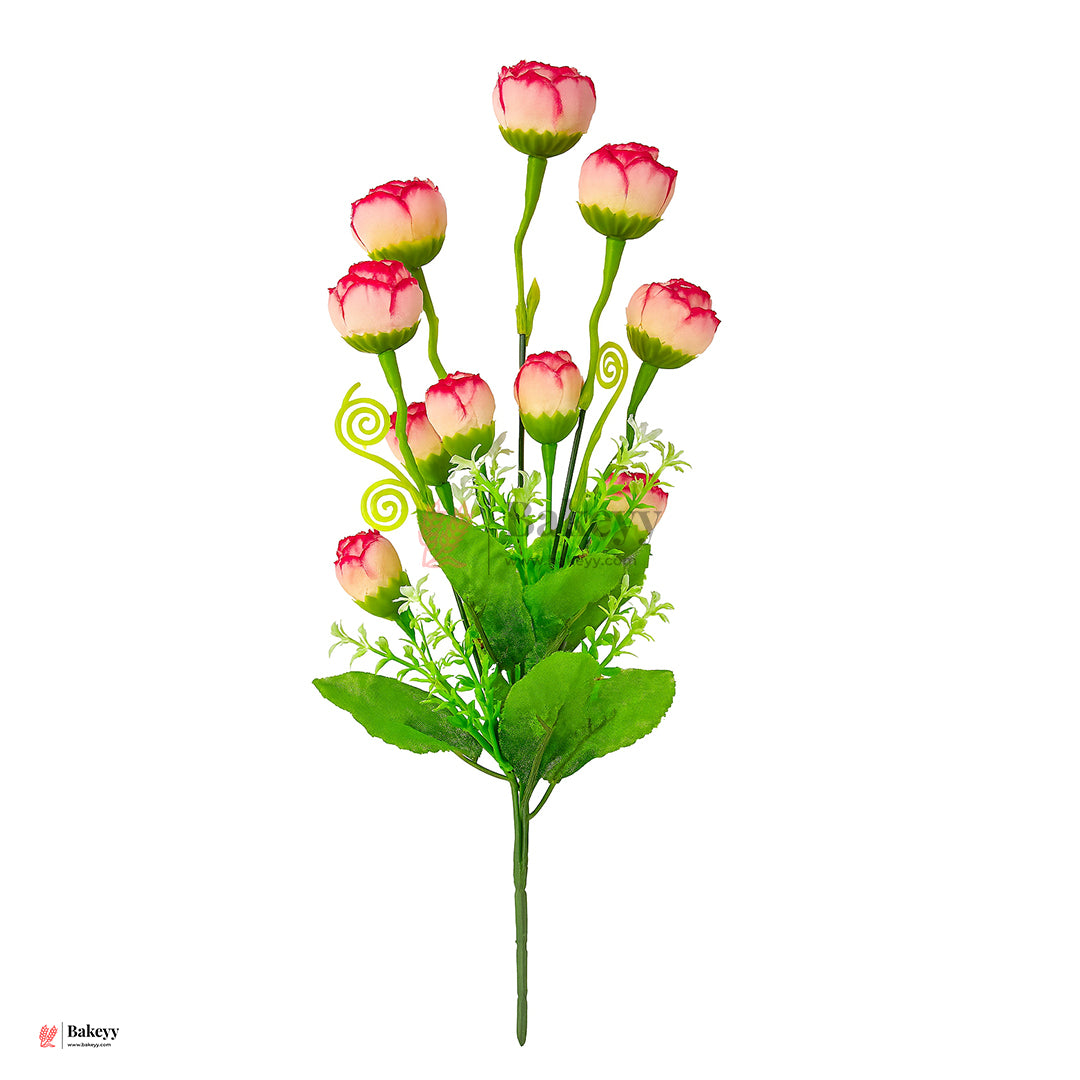 Artificial Pink White  Bouquet – 35cm | Artificial Rose Bud Bunch – 10 Heads | Pink & White Floral Stick for Home Decor