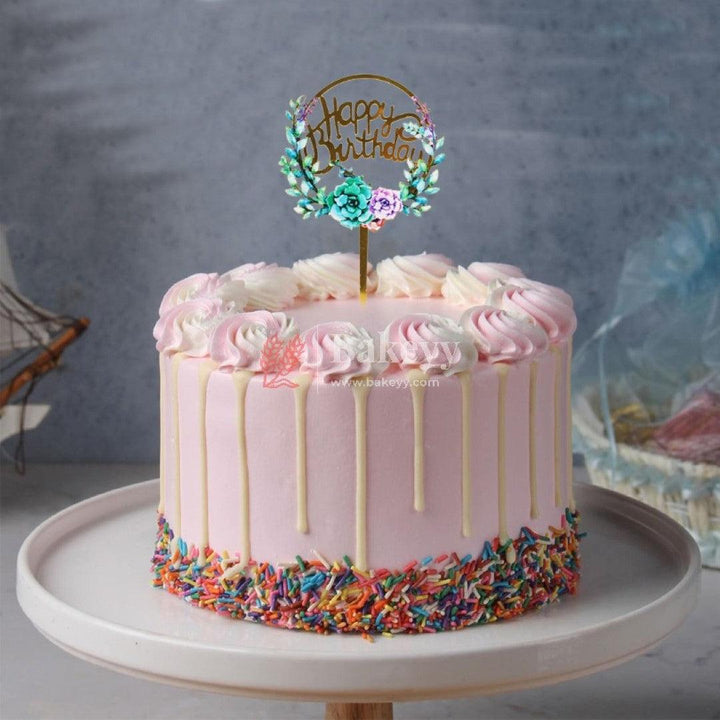 Flowes Happy Birthday Cake Topper - Bakeyy.com