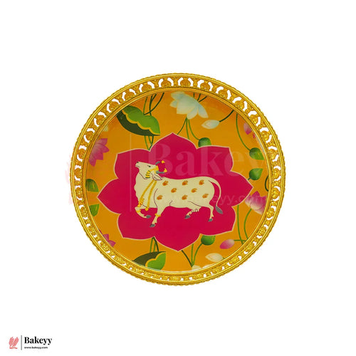 8 Inch Elegant Gold Plated Decorative Pooja Thali | Round Metal Tray Home Decor Items | Pichwai Tray for Return Gifts | Decorative Tray - Bakeyy.com - India - 8 Inch Elegant Gold Plated Decorative Pooja Thali | Round Metal Tray Home Decor Items | Pichwai Tray for Return Gifts | Decorative Tray - Default Title