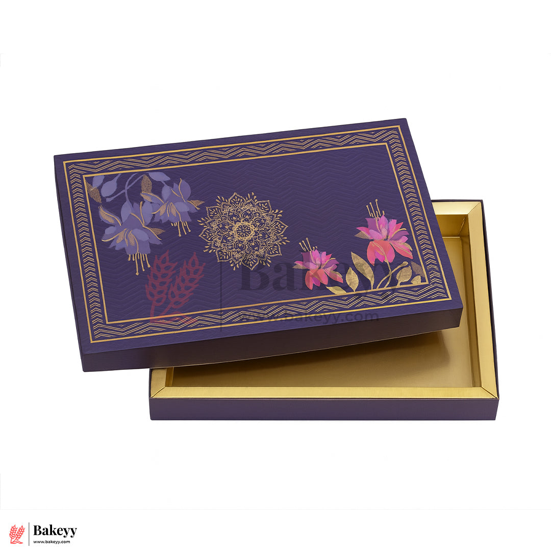 One Kg Sweet Box | 10.5x7.5x1.5 Inch |  Royal Blue Floral Sweet Box with Golden Tray 1 Piece