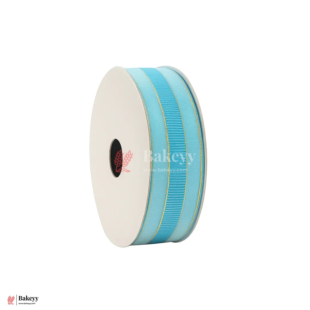 18mtr Premium Light Blue Grosgrain Ribbon with Golden Stitch – 1 Inch | Ideal for Gifting & Crafting
