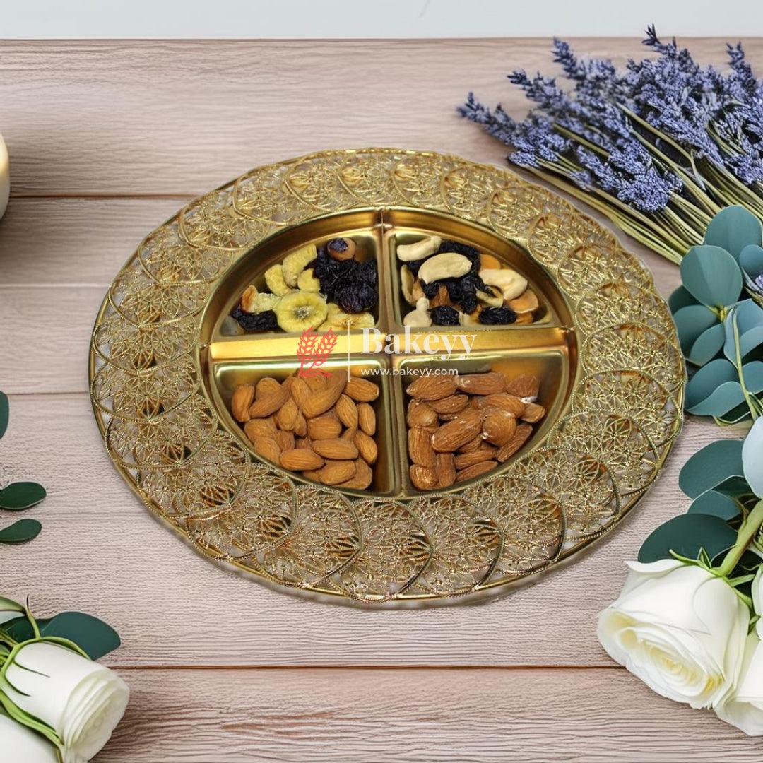 12 inch | Elegant Gold-Plated Round Serving Tray with Partition | Gold-Plated Round Metal Dry Fruit Tray