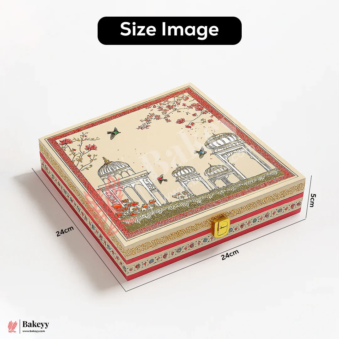 24cm x 24cm x 5cm | Elegant MDF Gift Hamper Box – Pink Heritage Dome Design | Pack of 1