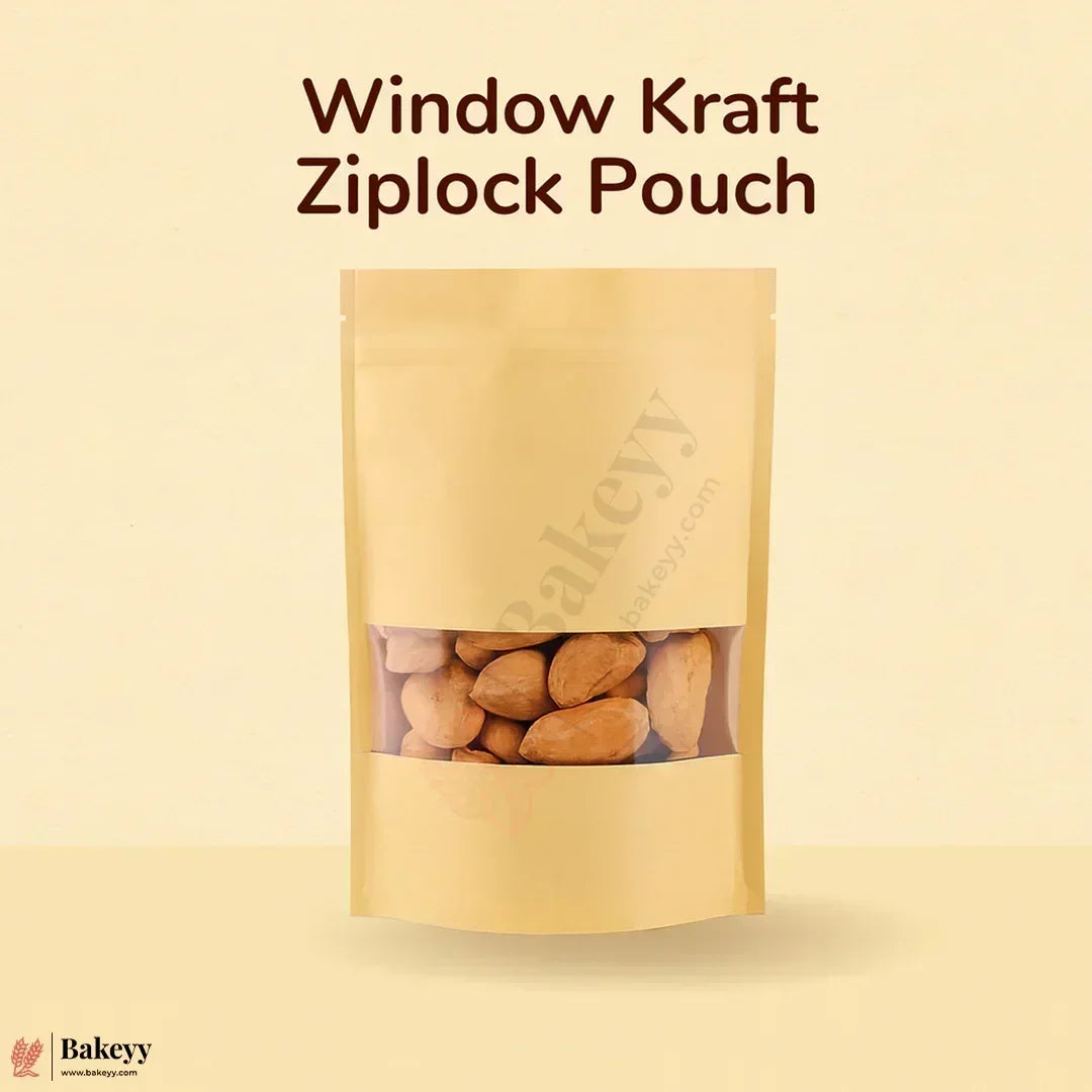 1 Kg | 18x26x4CM | Kraft Zip Lock Pouch |Window Brown Zip lock Pouch | Standing Pouch | Pack of 100